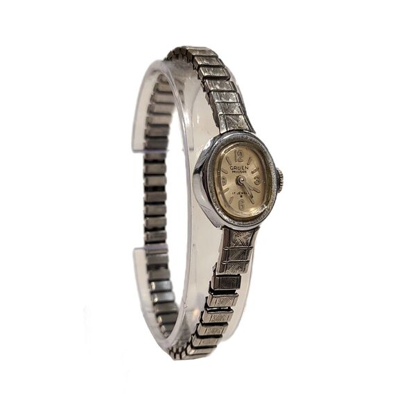 Gruen Vintage 1970s Precision 17 Jeweled Stainless Steel Dainty Bracelet Watch